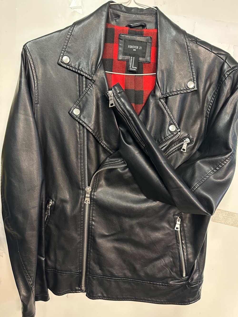 Forever 21 Black Faux Leather Bomber Jacket with Red Plaid Lining size m